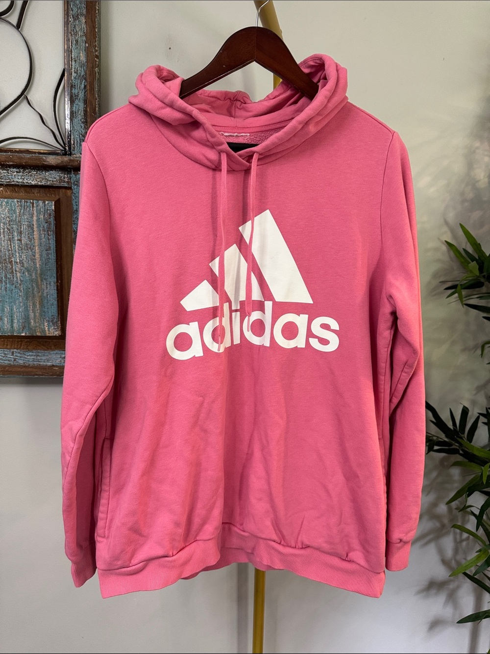 adidas Pink Crewneck Hoodie with White front Logo and pockets L